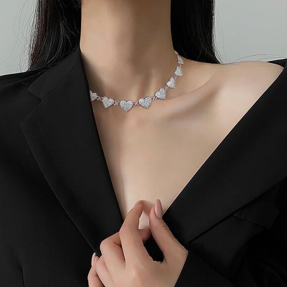 Silver Plated Heart Choker Necklaces For Women Rhinestone Heart Charm Necklaces - Picture 6 of 6